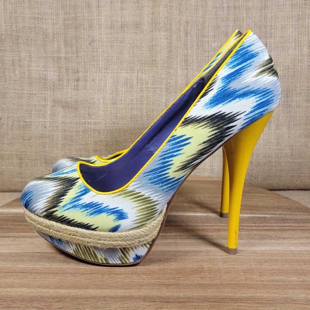 Qupid Platform Heels Blue Yellow White Print Espadrille Pumps Women's‎ Size 9 - Picture 4 of 12